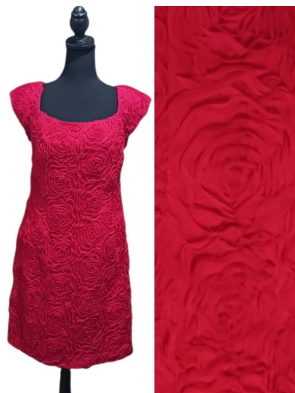 Vintage Adrianna Papell Tulle Rosette Sheath Cocktail Dress Romantic Red